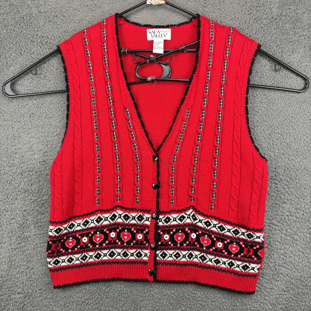 Napa Valley‎ Petites Red Cable Knit Hearts Fair Isle Vest Women's Size L